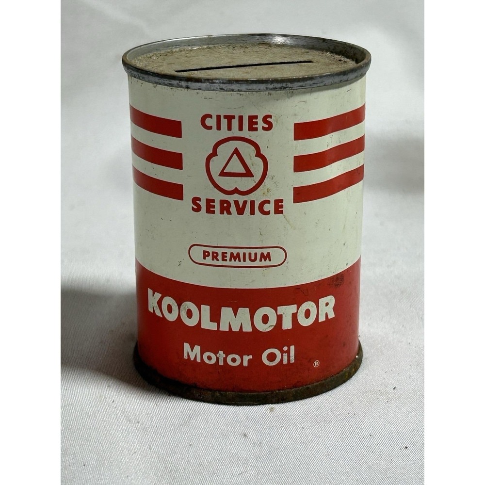 VTG Cities Service Premium Koolmotor Oil Can Coin Bank Advertising Metal Red